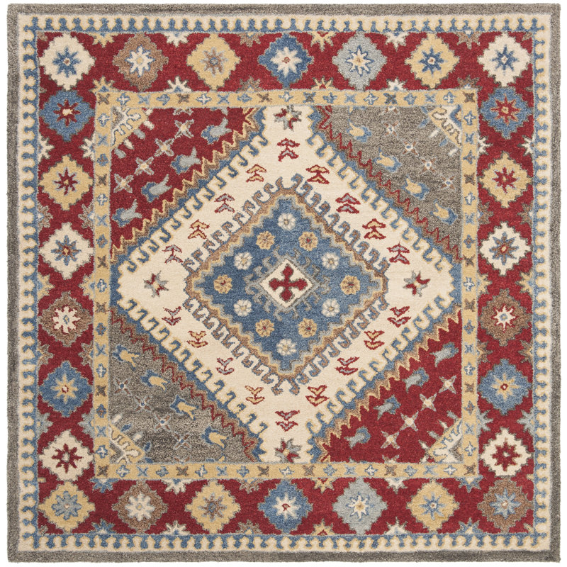 Armintha Southwestern Hand-Tufted Wool/Cotton Red/Ivory/Blue Area Rug, Square 6'