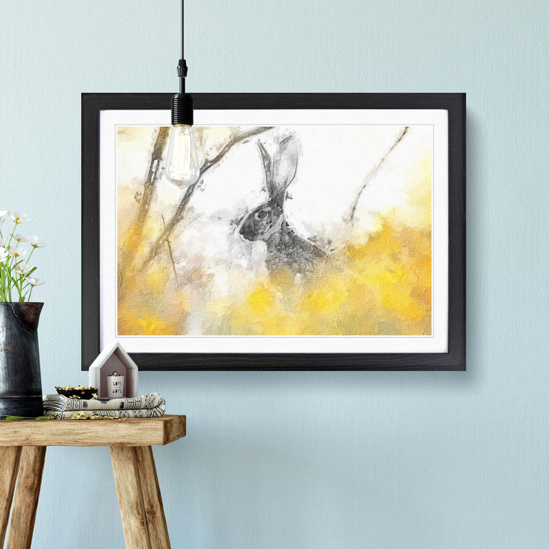 Alert Hare In The Meadow In Abstract - Single Picture Frame Painting, 45cm H x 63cm W x 2cm D, Black Framed