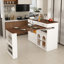 Îlot de cuisine avec table extensible et rotative, 4 tiroirs et armoires à portes en verre avec prise intégrée, station de repas extensible-1627137669