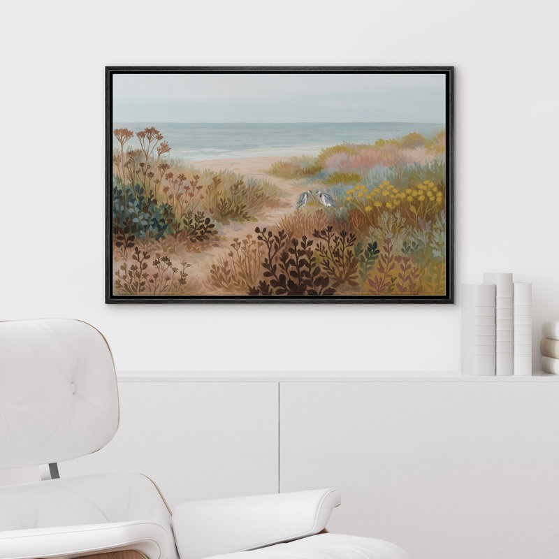 «Beach Path with Coastal Plants and Two Birds by the Shore», reproduction d'art sur toile encadrée, 1, Noir