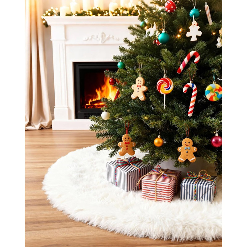 White Plush Faux Fur Christmas Tree Skirt – Soft Snowy Holiday Tree Base Mat & Home Decor
