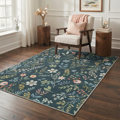 Tapis d'intérieur bleu / vert à motif floral lavable à la machine avec envers antidérapant Cogswell BloomScape