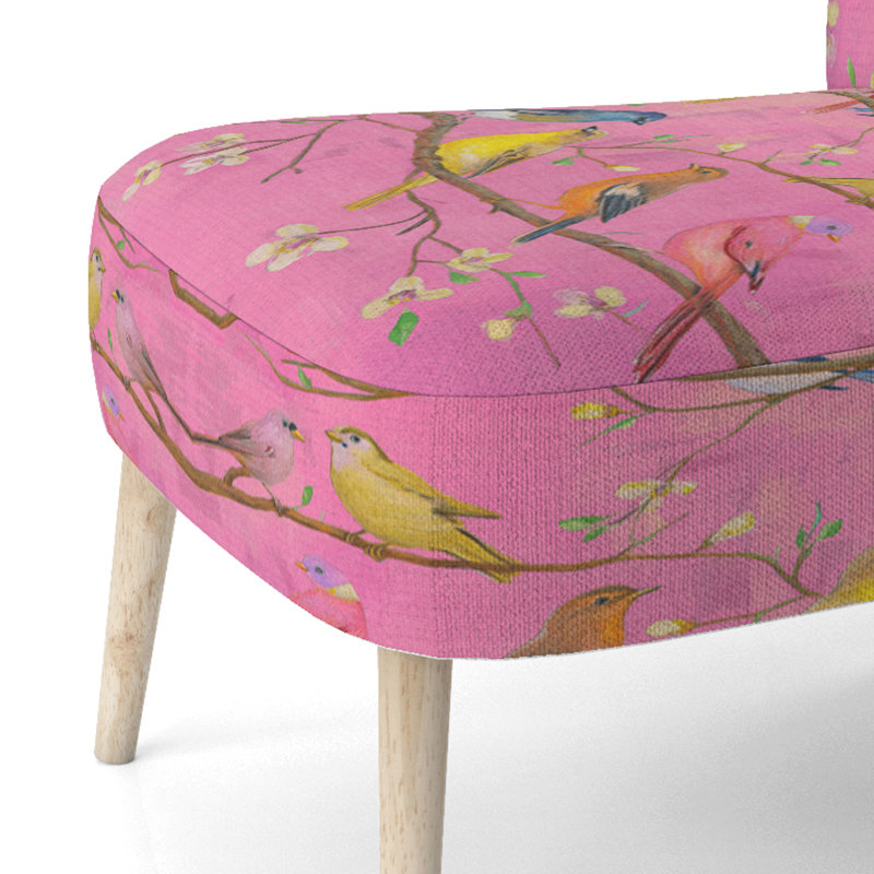 Multi-Color Bird On Tree - Upholstered Farmhouse Accent Side Chair, Pink Polyester Blend