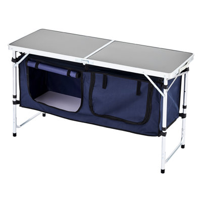 Station de camping avec 3 hauteurs réglables, structure en aluminium, bleu, assemblage rapide, table stable pour la cuisine en plein air, niveaux, plier et déplier, structure sécuritaire