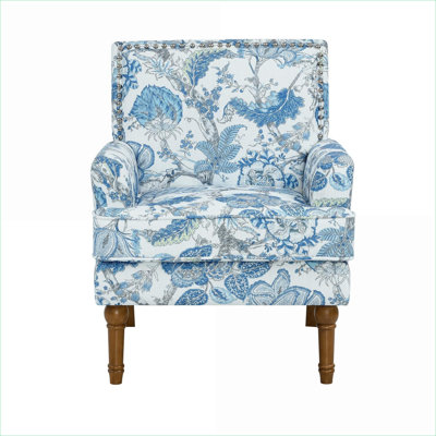 Farmhouse French Country Accent Arm Chair, Soft Blue Floral Fabric Upholstery with Solid Wood Legs and Nailhead Trim