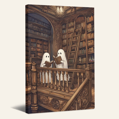 Deux fantômes, lecture de livres en sépia, bibliothèque, balcon, art mural d'Halloween
