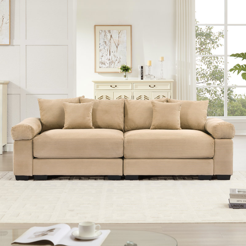 Mykala Corduroy Upholstered Sectional Sofa with Thick Armrests & Throw Pillows, Camel, 34.2'' H X 82.6'' W X 33.8'' D