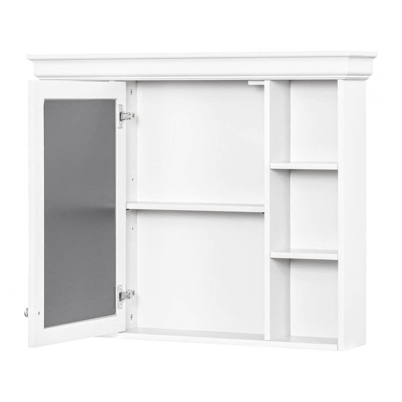 Armoire de rangement murale blanche 35 po x 28 po avec porte miroir, armoire de salle de bain moderne avec miroir, armoire à pharmacie avec 6 tablettes ouvertes