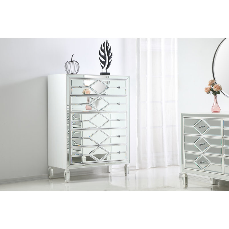 Bashaw 36" W 5-Drawer Mirrored Dresser, Antique White