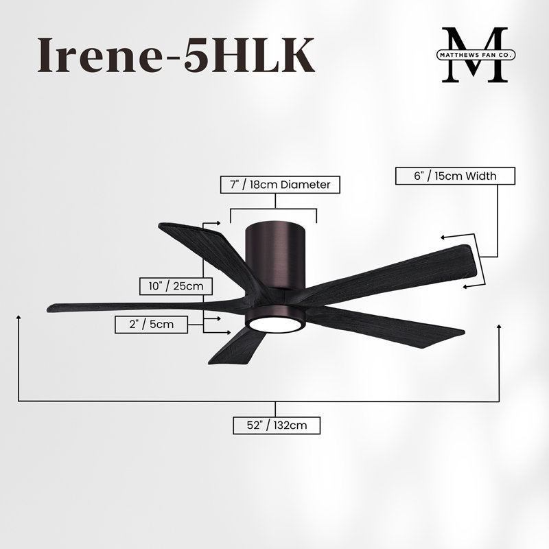 Ventilateur de plafond à 5 pales DEL avec ensemble d'éclairage inclus Irene, Bronze brossé, 52", Noir mat