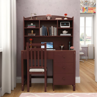 40” Retro Writing Desk & Chair Set with Storage Drawers & Bookshelf