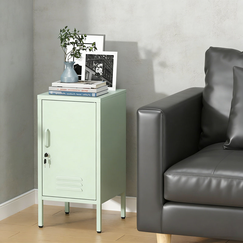 Single Door Lockable Metal End Table,Modern Minimalist Room Side Table with 2 Adjustable Shelf ,Multi Storage Cabinet  for Living Room Bedroom, Easy to Assemble 27.55”H x 13.78”W x 14.96”D Green
