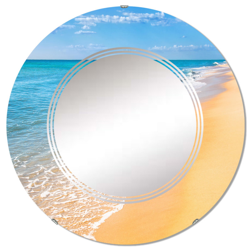 Océan bleu avec plage orange - miroir mural nautique et côtier rond, 24 po x 24 po