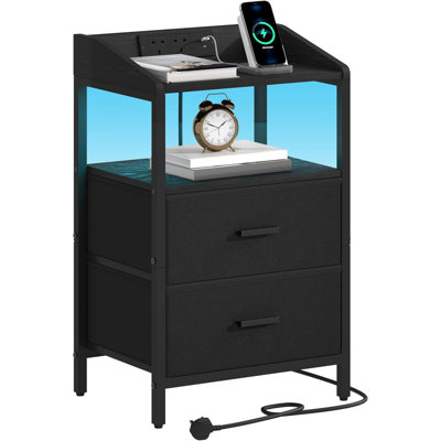 Bedside Table with LED Lights and Charging Station, Bedside Cabinet with 2 Fabric Storage Drawers, Nightstand with USB Ports & TypeC for Bedroom, Livingroom