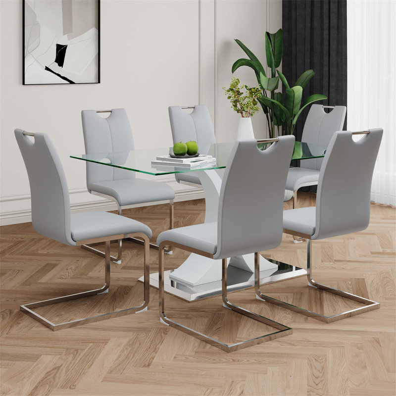 Table en verre de conception moderne avec base de soutien durable et ensemble de chaises de salle à manger gris clair, idéal pour le restaurant et la cuisine (ensemble de 7)