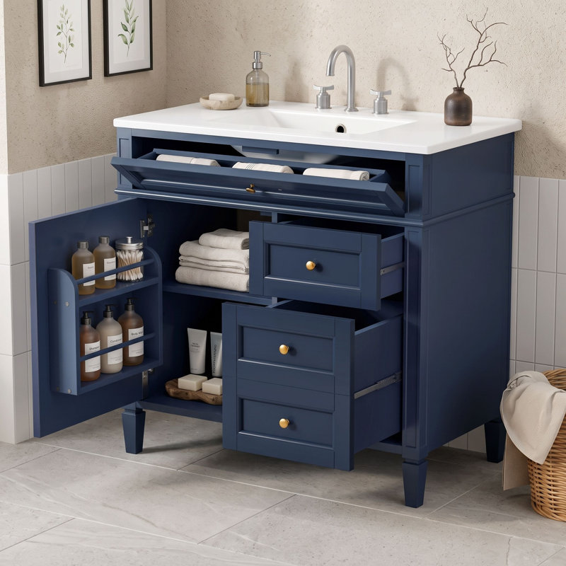 Meuble-lavabo avec lavabo supérieur, 2 tiroirs et tablette, Bleu