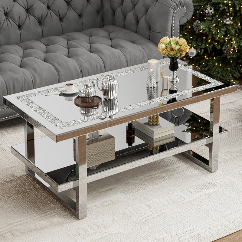 Mirrored Coffee Table With Mirror Crystal Board, Glass Rectangle End Table Coffee Tea Table With 2 Tier For Living Room Bedroom
