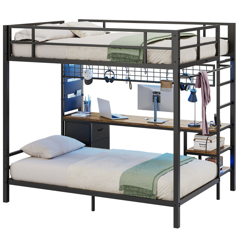 Hasuit Twin Size Loft Bed With U-Shaped Desk, Charging Station &LED Lights, Metal LED Twin Loft Bed With Open Storage Shelves, Safety Guardrail & Double Ladder,No Box Spring Needed, Black Loft