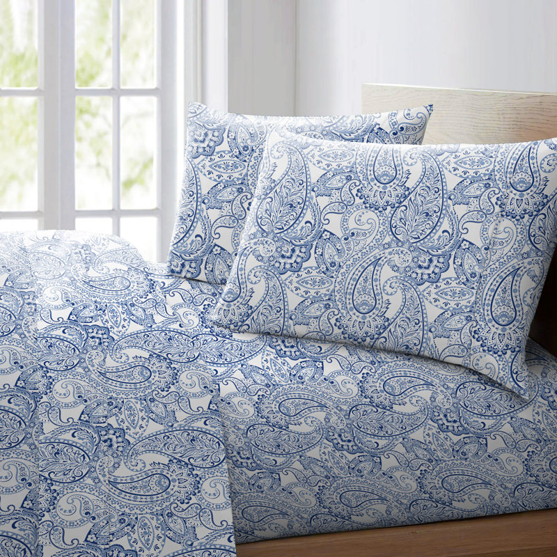 Ensemble de draps 100% coton Pointehaven, Blue Paisley, Queen Sheet Set