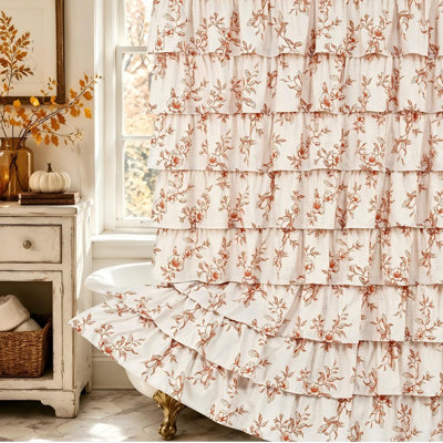 Fall Ruffle Shower Curtains for Bathroom with Floral,Ruflle Design,Vintage Rustic Washable Waterproof Shower Curtain for Bathroom Bathtub(Beige-orange Floral)