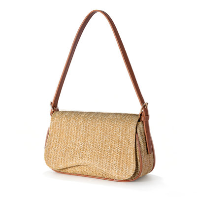Lightweight Large Capacity Straw Shoulder Bag for Women - Casual Summer Beach Tote - PU Leather Strap - Woven Handbag - Apricot, 26*16*7cm