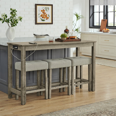 Bar Sofa Table With Power Outlet, 4 Piece Bar Table And Chair Set With Upholstered Stools