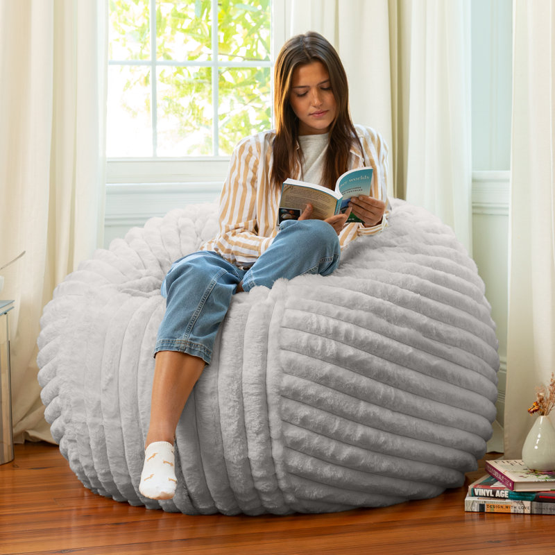 Grand fauteuil à billes rond pour adultes Saxx 4 pi - Luxueusement doux en fausse fourrure, Fausse fourrure grise