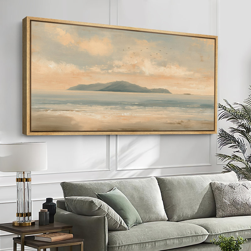 «Serene Coastal Sunset with Distant Mountains and Flying Birds», reproduction d'art sur toile encadrée très grande