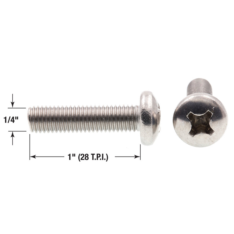 Machine Screws, Pan Head, Phillips Drive, 1/4 in-28 X 1 in, Grade 18-8 (10 Pack), 4" H x 0.25" W x 0.5" D