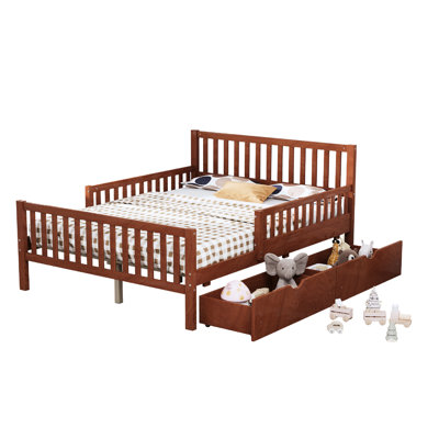 Full Size Wood Platform Bed, Walnut, With Guardrails On Both Ends And Two Storage Drawers, Lightweight , 8 Solid Slats Appearance, Evenly Spaced For Stability