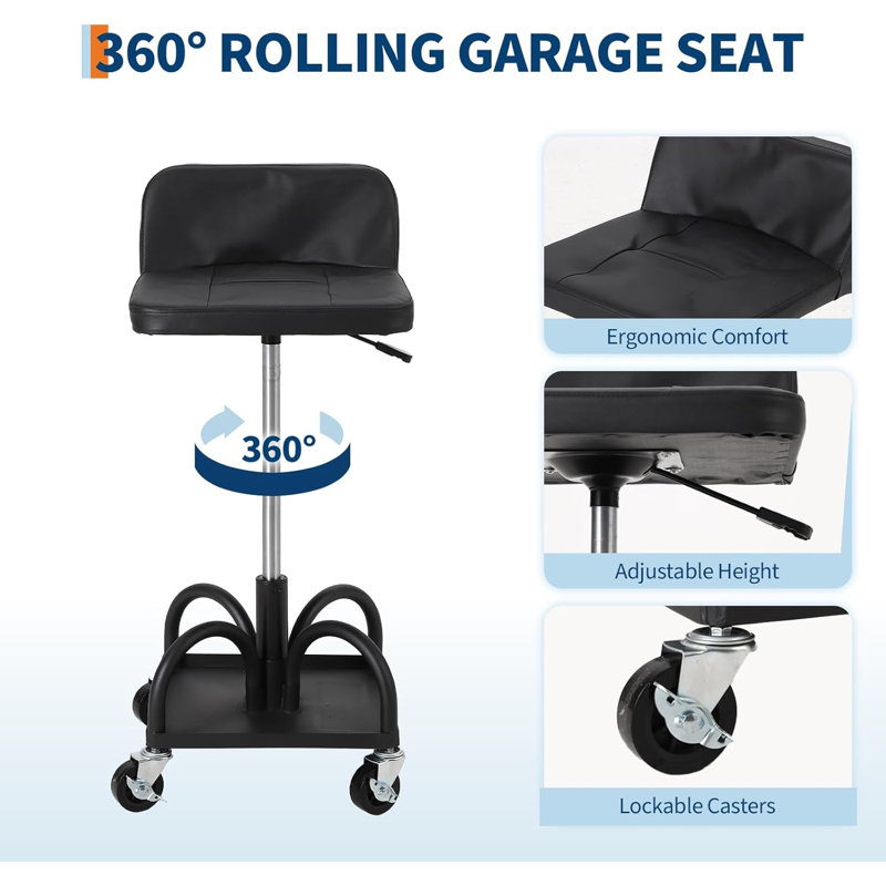 Garage Stool, 18”-23” Adjustable Rolling Mechanic Stool with Universal Wheels, Removable Magnetic Tool Tray, 300LBS Capacity, Roller Creeper Seat, Shop Chair