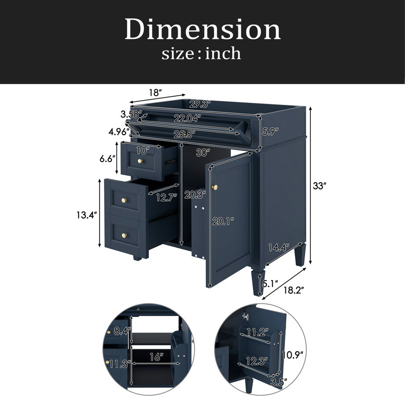 Meuble-lavabo de salle de bain de 30 po sans lavabo supérieur, armoire de rangement moderne avec 2 tiroirs et un tiroir rabattable (BASSIN INCLUS)