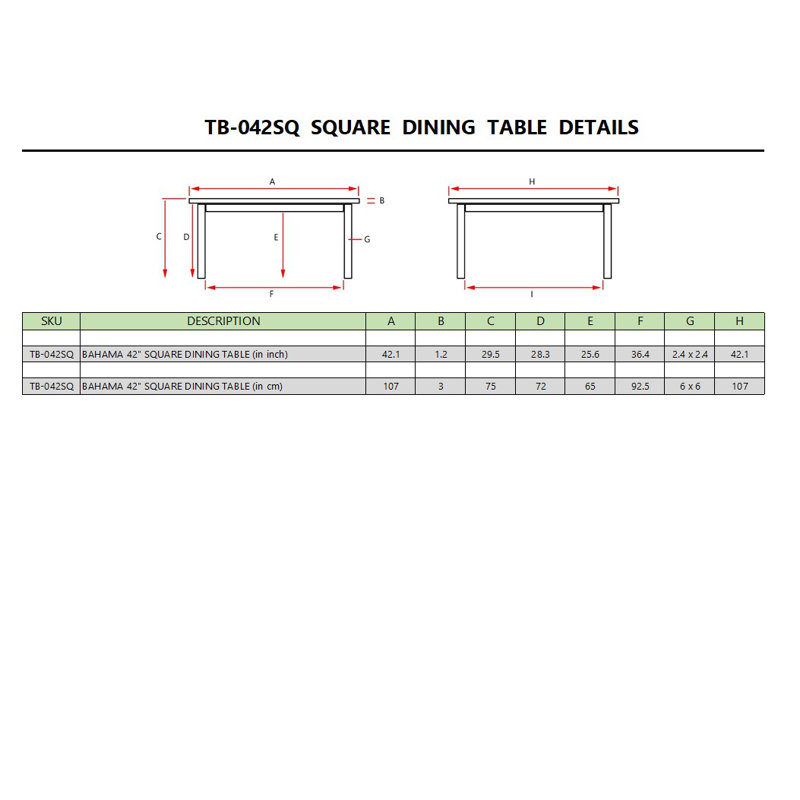 BAHAMA 42" SQUARE DINING TABLE