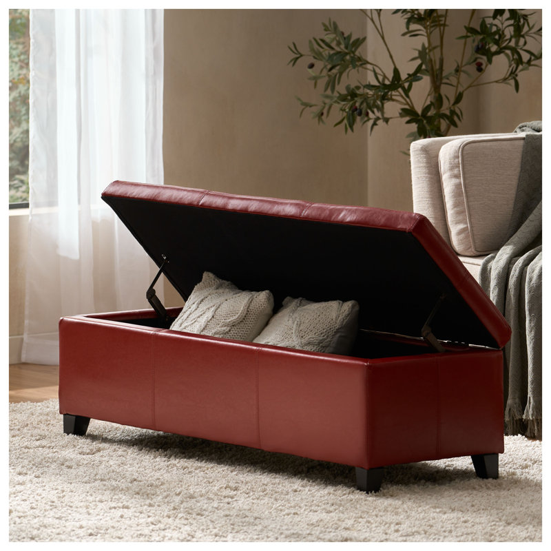 Repose-pieds rembourré avec rangement en cuir de polyuréthane avec pieds en bois massif, rouge