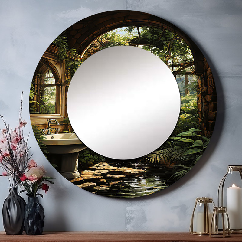 Saviero Bathroom Natures Retreat II - miroir mural de salle de bain, miroir décoratif rond traditionnel, impression d'art en métal