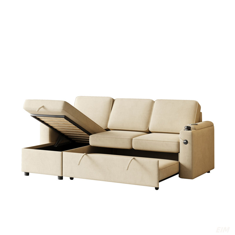 Canapé-lit convertible avec méridienne réversible Sylvanis, Mélange de polyester beige