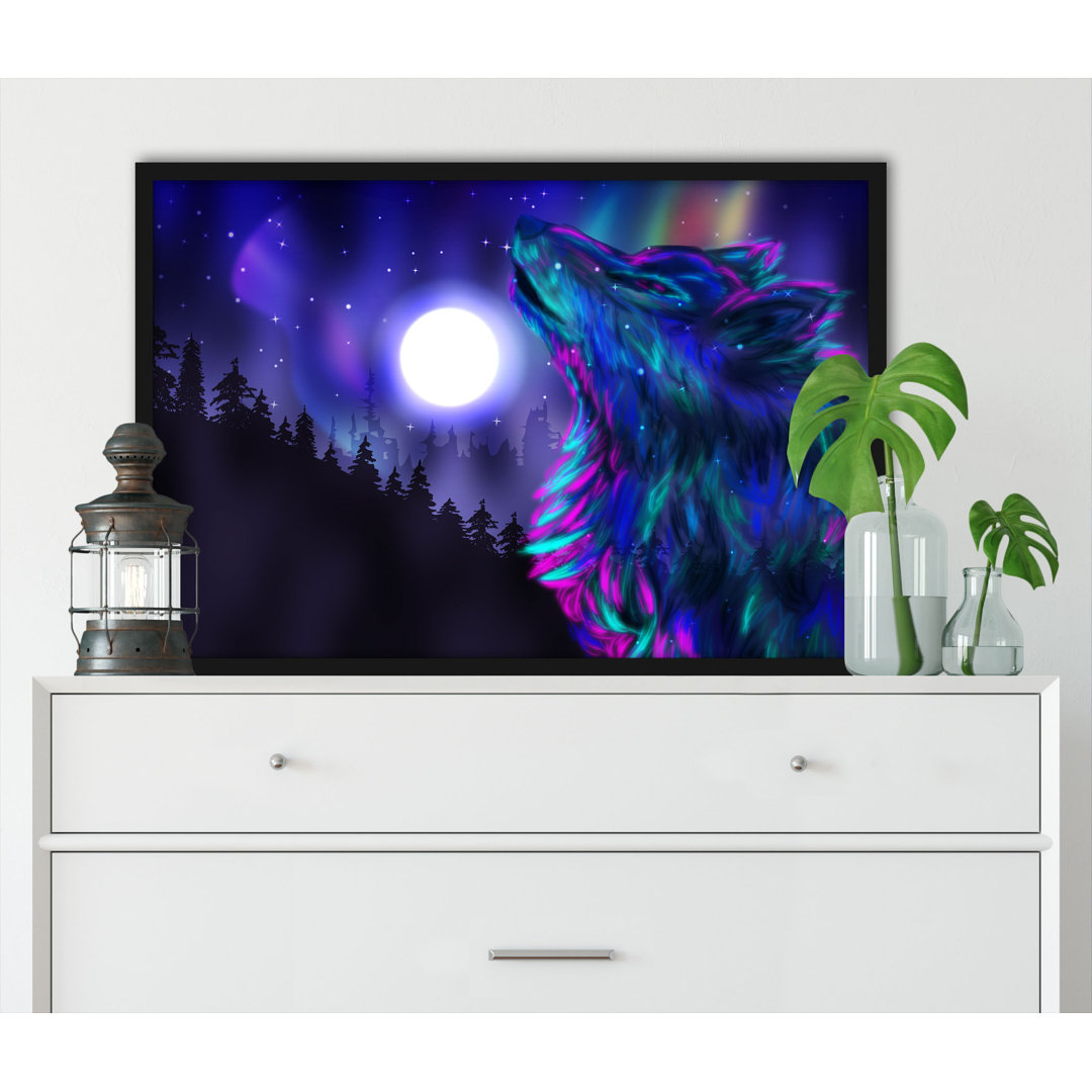 Gerahmtes Poster Abstrakter Wolf mit Mond