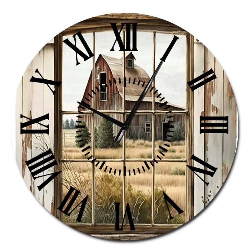 Fenêtre vue de la ferme II - Horloge murale paysage noir, Surdimensionné