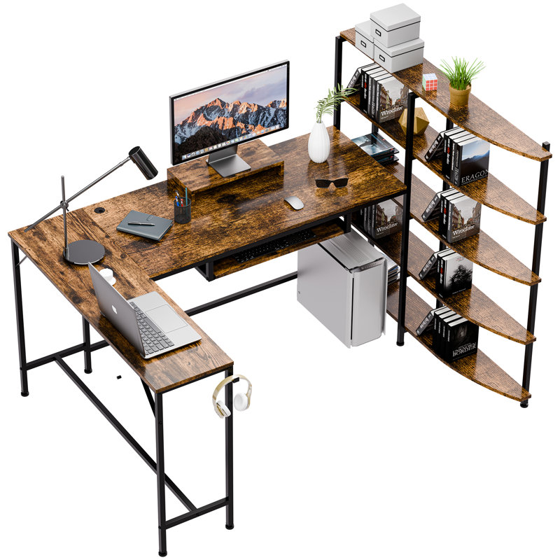 Omalley L-Shaped Computer Desk With 5-tier Shelves, Monitor Stand and Keyboard Tray