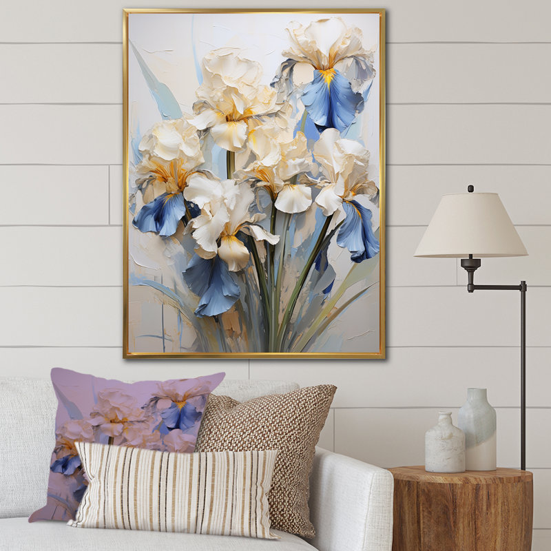 Minimalisme Irises Melody II sur toile, Cadre flottant doré, H 40 po x l 30 po x P 1,5 po