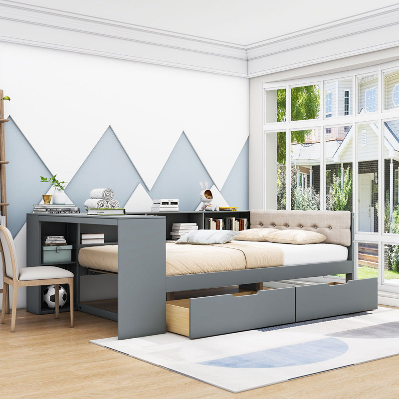Two Drawers Wood Platform Bed with Storage Shelves and Charging Station, Gray, Full/Double