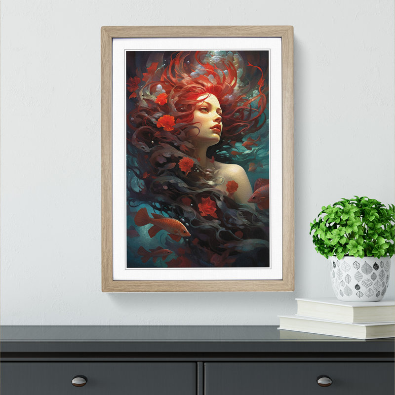 Mermaid Symbolism - Single Picture Frame Print on Wood, 34cm H x 25cm W x 2cm D, Oak Framed
