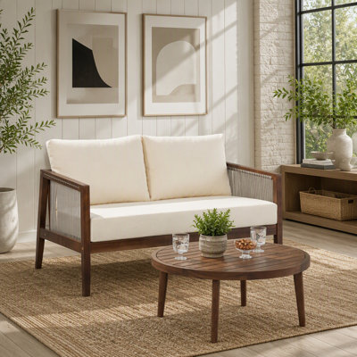 Ensemble de causeuse et de table basse d'extérieur, structure en bois d'acacia avec détails en corde, coussins hydrofuges pour patio / cour arrière / terrasse