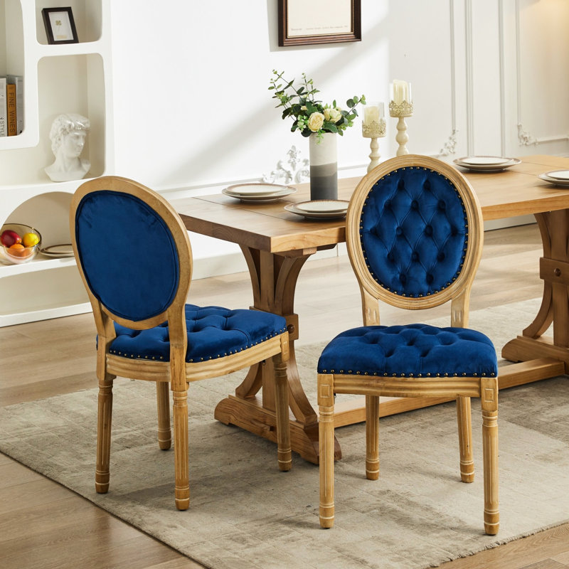 Chaises de salle à manger en velours bleu avec boucle tirée à la main, ressort en acier intérieur de 2 chaises, structure en bois massif, fabriquée à la main