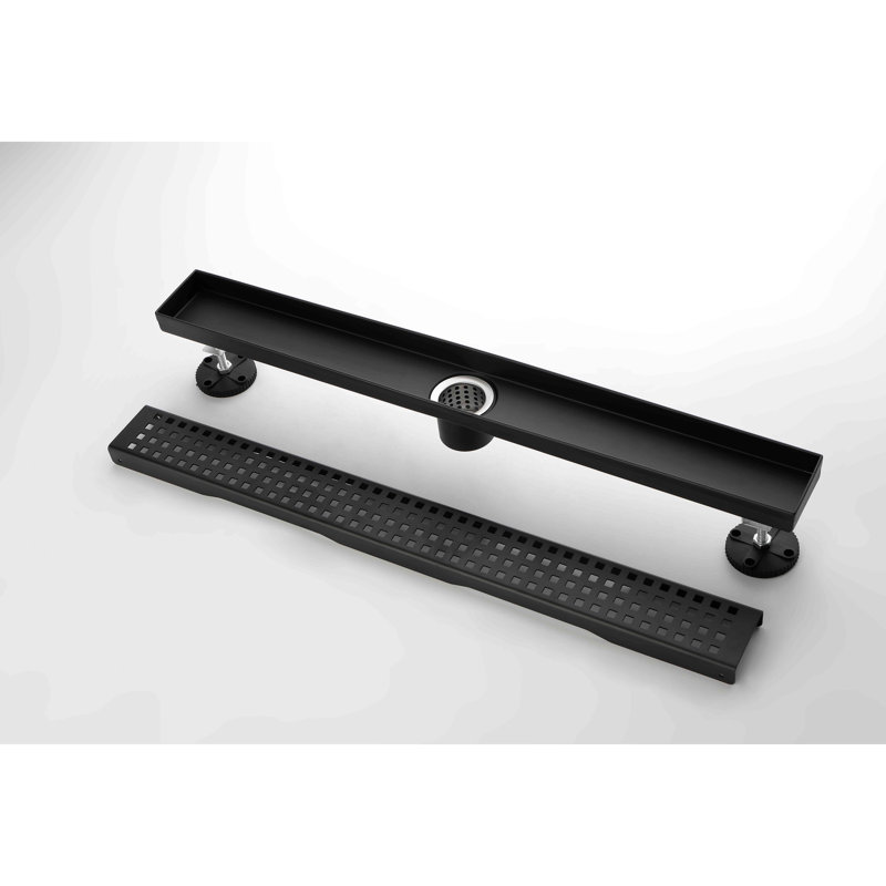 28 Inches Linear Shower Drain With Removable Quadrato Pattern Grate, 304 Stainless Shower Drain Included Hair Strainer And Leveling Feet, Flange