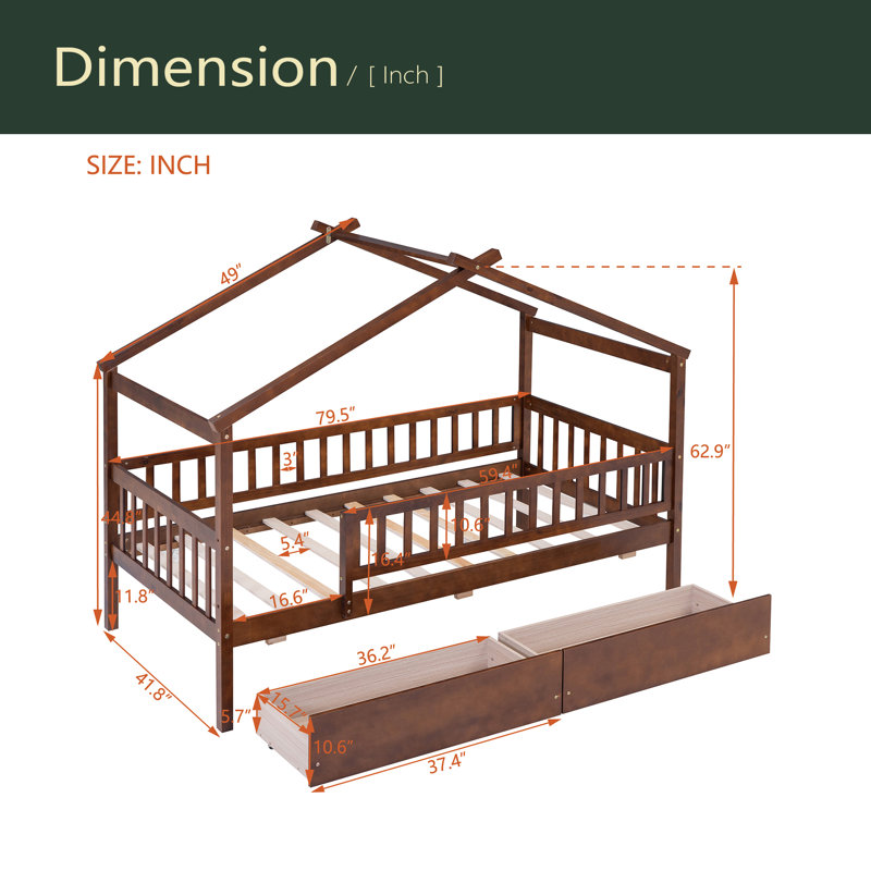 Lit simple en bois avec deux tiroirs, Noyer