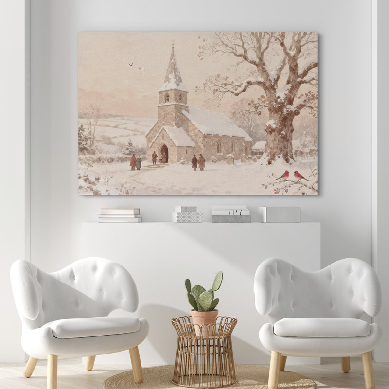 «Vintage Snowy Church Scene with Birds and Chiffres», reproduction d'art sur toile, H 12 po x l 18 po, Toile tendue