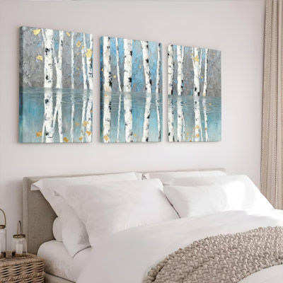 Birch Trees Reflection Landscape Canvas Wrapped Wall Art, Oil Painting Print (Set of 3)