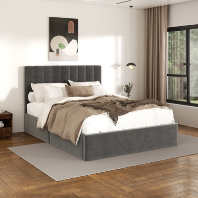 Haden Velvet Upholstered Platform Bed Frame with Channel Tufted Headboard