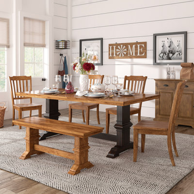 Marcotte 78" Solid Wood Oak Finish Top Dining Set With Panel Back Chairs - 6-Piece, Antique Black Base Table, Oak Finish Base Chairs And Bench